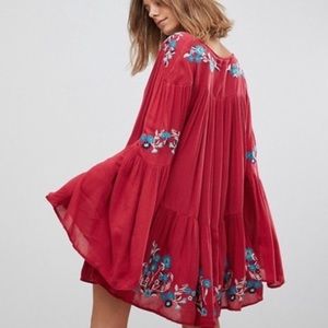 Free People Red Embroidered Boho Long Sleeve Dress
